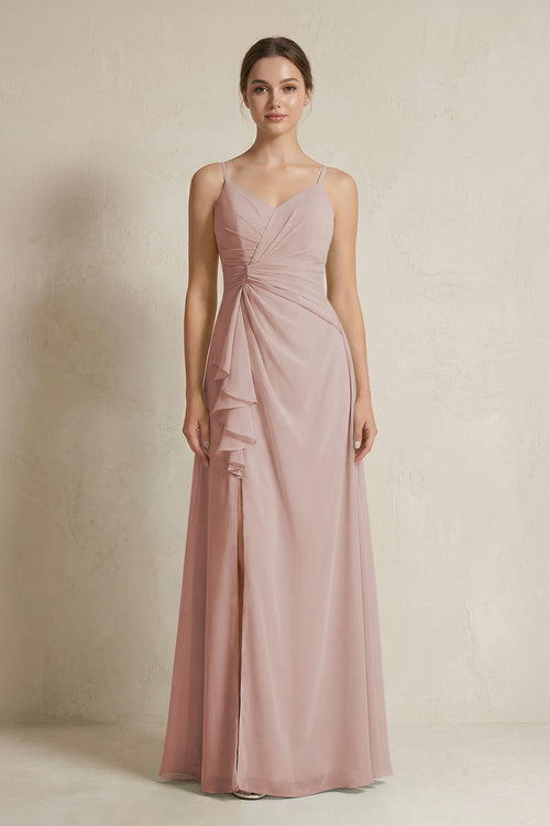 A-Line Ruffled Spaghetti Strap Chiffon Bridesmaid Dress in Toffee | KISSBRIDAL