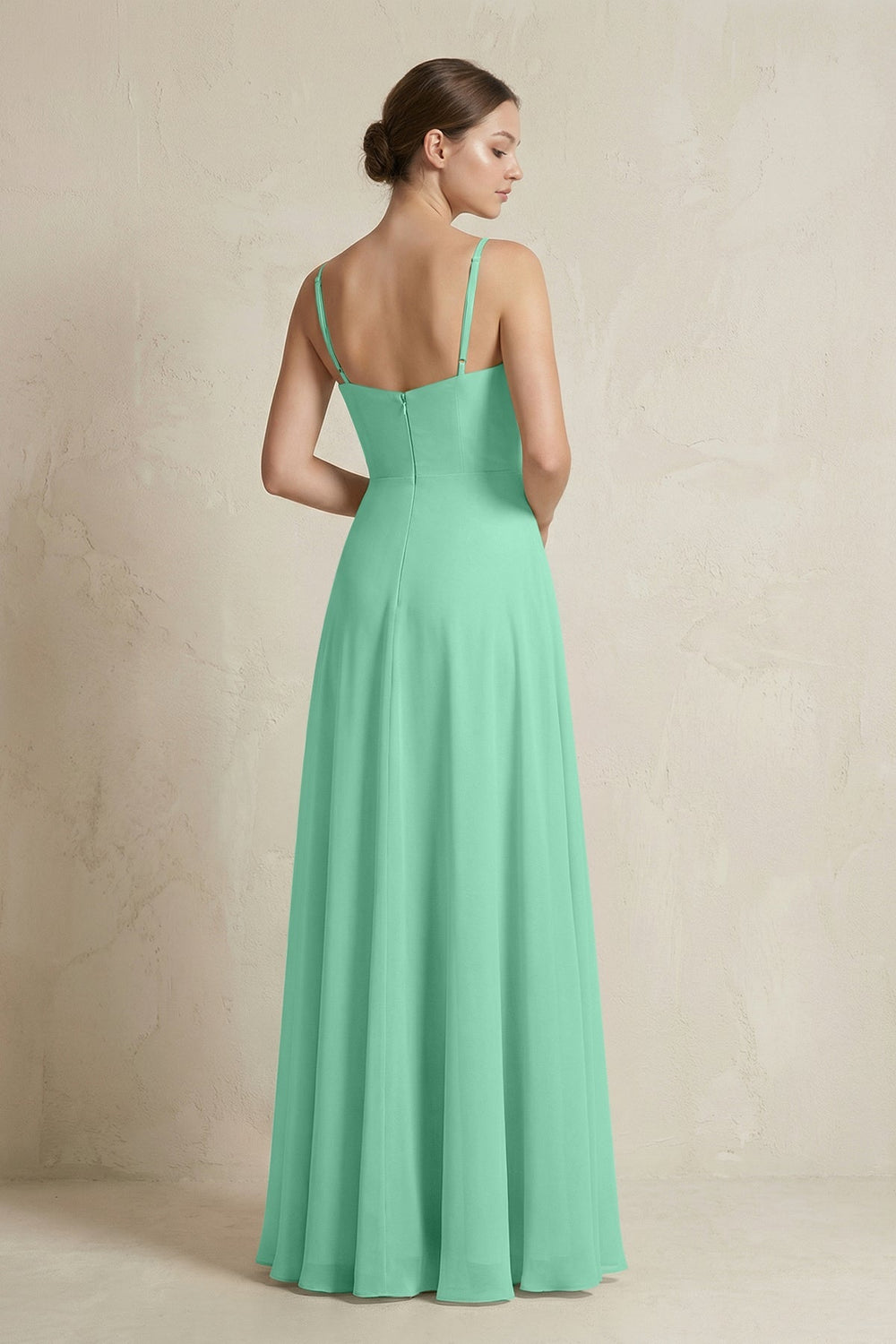 A - Line Ruffled Spaghetti Strap Chiffon Bridesmaid Dress in Turquoise - SHE IS ME Bridesmaid Dresses