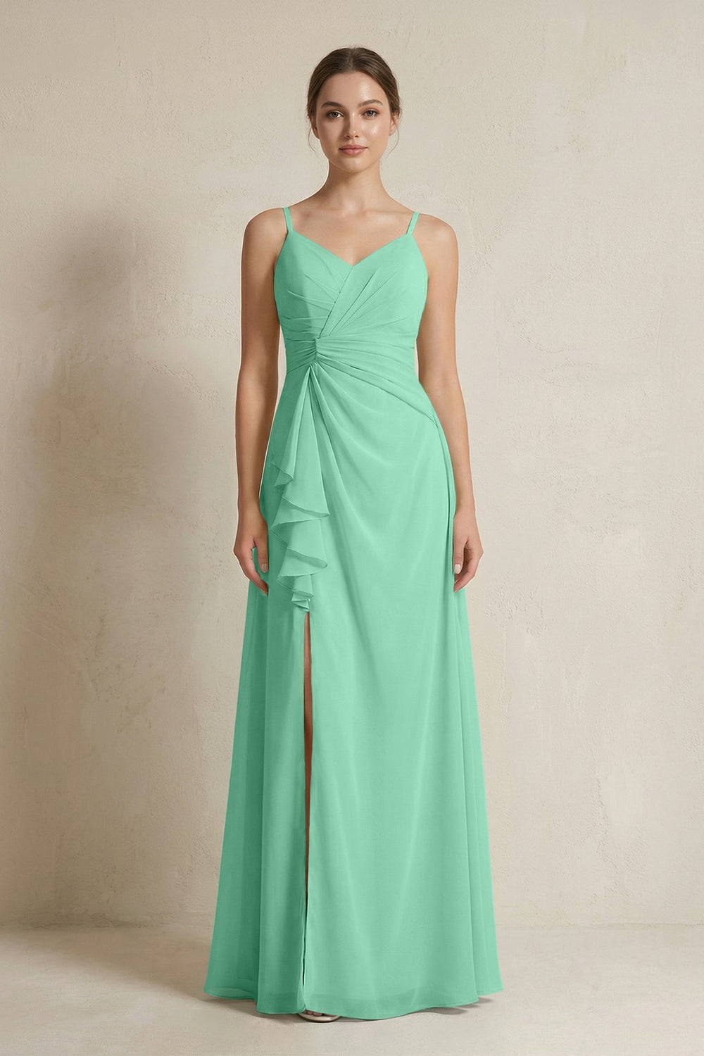 A - Line Ruffled Spaghetti Strap Chiffon Bridesmaid Dress in Turquoise - SHE IS ME Bridesmaid Dresses