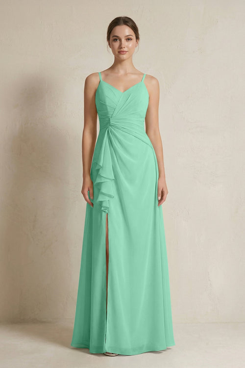 A - Line Ruffled Spaghetti Strap Chiffon Bridesmaid Dress in Turquoise - SHE IS ME Bridesmaid Dresses