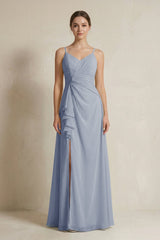 A - Line Ruffled Spaghetti Strap Chiffon Bridesmaid Dress in Twilight - KISS BRIDAL Bridesmaid Dresses