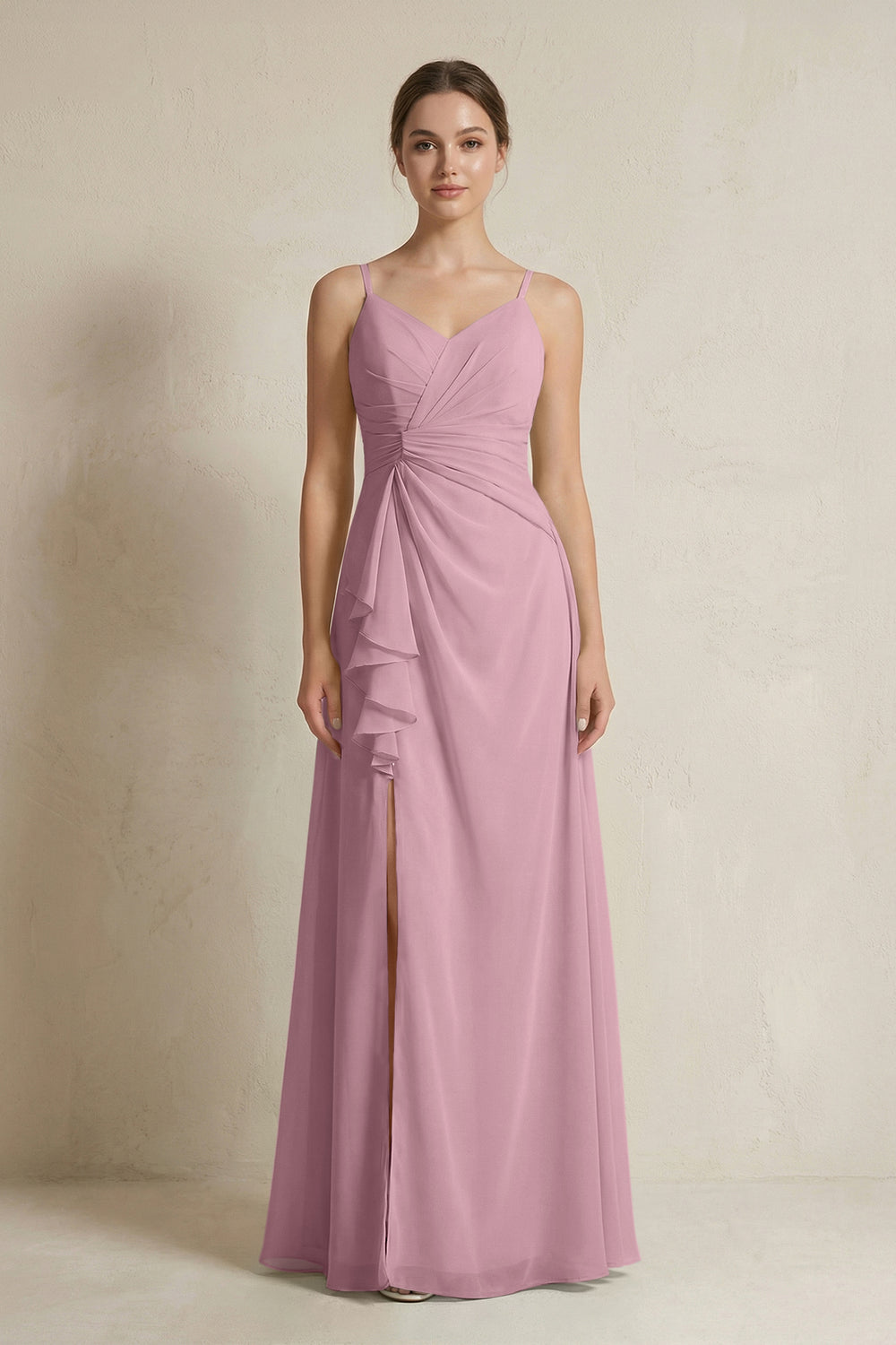 A-Line Ruffled Spaghetti Strap Chiffon Bridesmaid Dress in Vintage Mauve