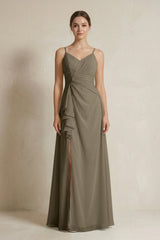A - Line Ruffled Spaghetti Strap Chiffon Bridesmaid Dress in Willow Green - KISS BRIDAL Bridesmaid Dresses