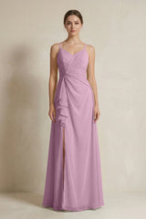 A - Line Ruffled Spaghetti Strap Chiffon Bridesmaid Dress in Wisteria - KISS BRIDAL Bridesmaid Dresses