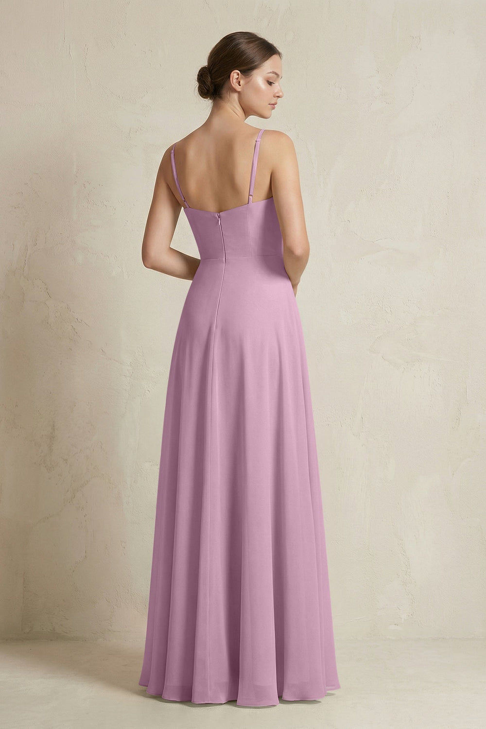 A - Line Ruffled Spaghetti Strap Chiffon Bridesmaid Dress in Wisteria - SHE IS ME Bridesmaid Dresses