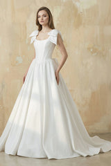 A Line Satin Ball Gown With Bow in White - KISS BRIDAL Wedding Dresses