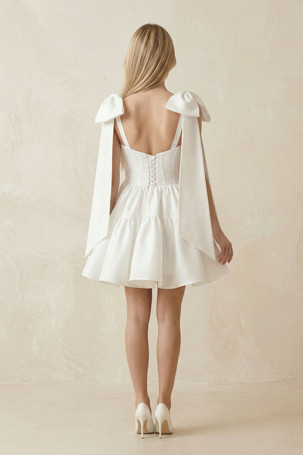A - Line Satin Corset Mini Wedding Dress With Bow in White - SHE IS ME Wedding Dresses