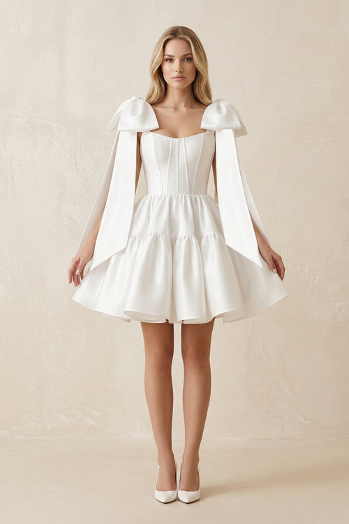 A - Line Satin Corset Mini Wedding Dress With Bow in White - SHE IS ME Wedding Dresses