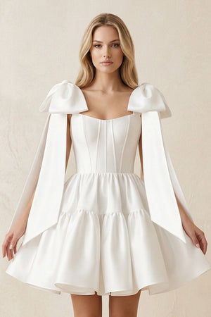 A - Line Satin Corset Mini Wedding Dress With Bow in White - SHE IS ME Wedding Dresses
