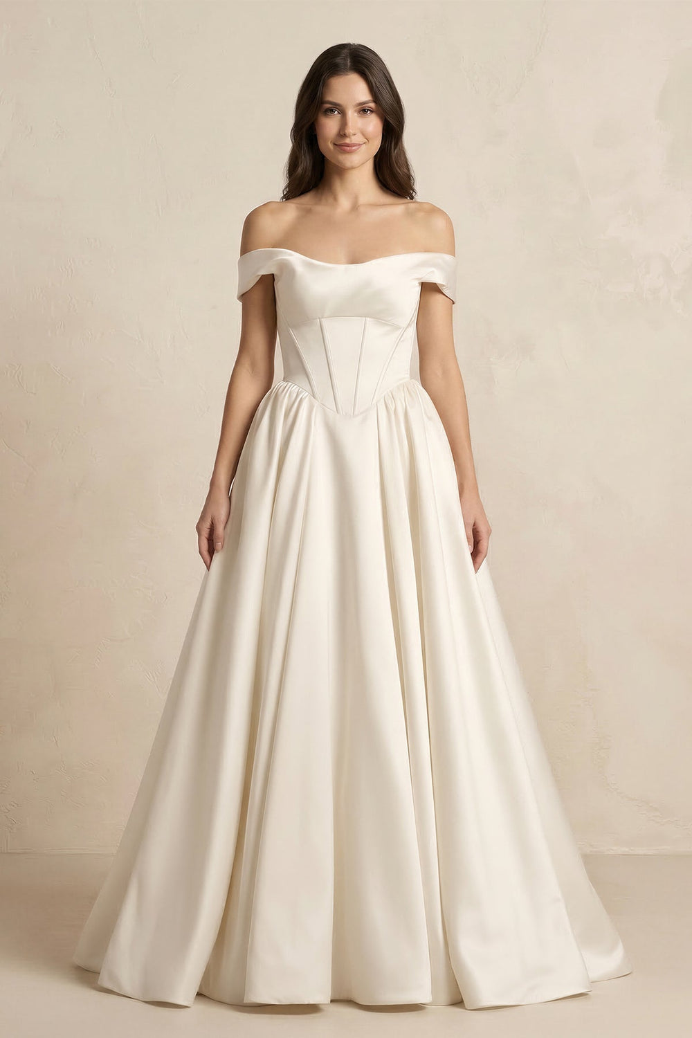 A - Line Satin Off - the - Shoulder Corset Wedding Dress in Ivory - KISS BRIDAL Wedding Dresses
