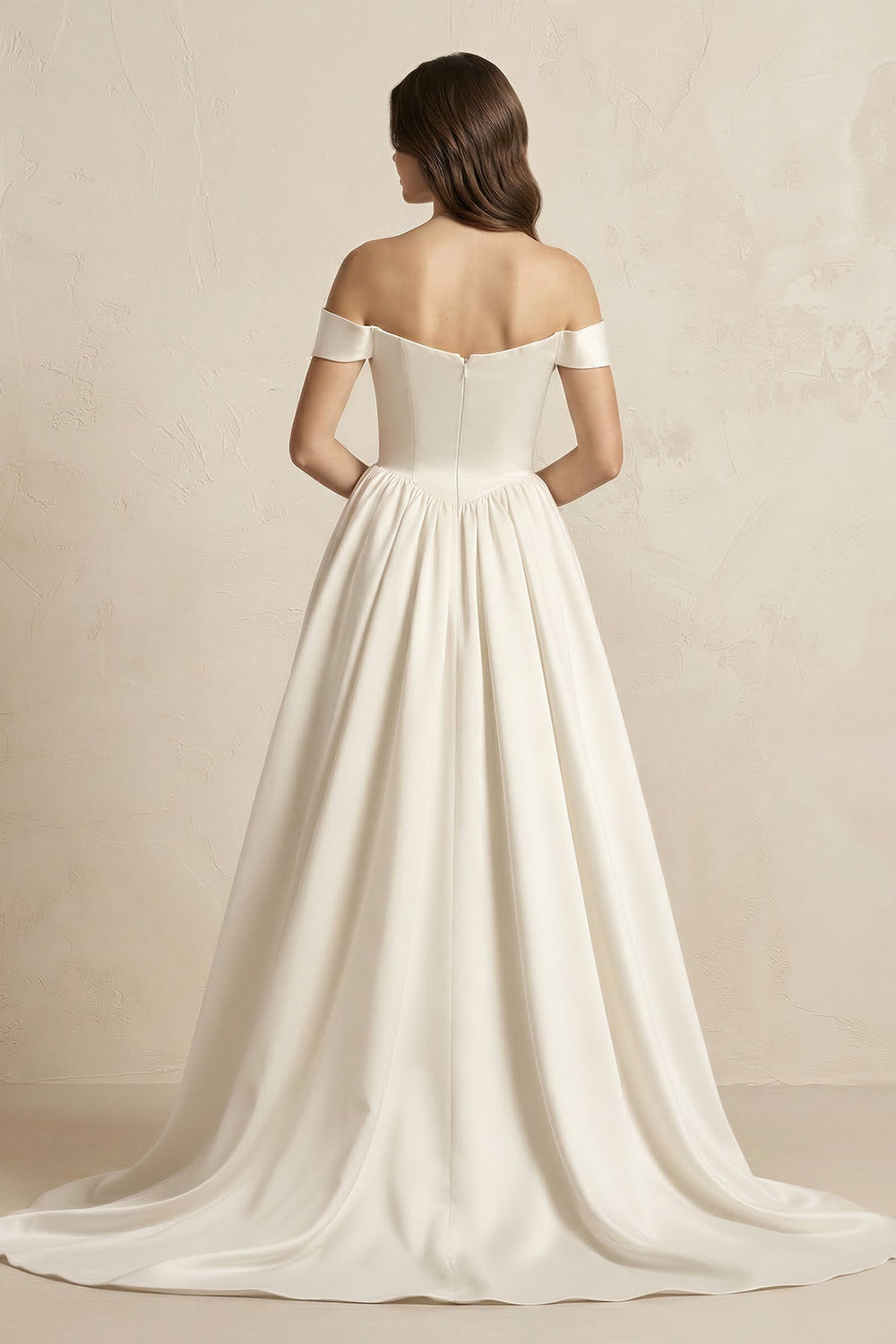 A - Line Satin Off - the - Shoulder Corset Wedding Dress in Ivory - KISS BRIDAL Wedding Dresses