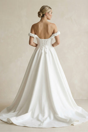 Off - the - Shoulder Satin A - Line Wedding Dress in White - KISS BRIDAL Wedding Dresses