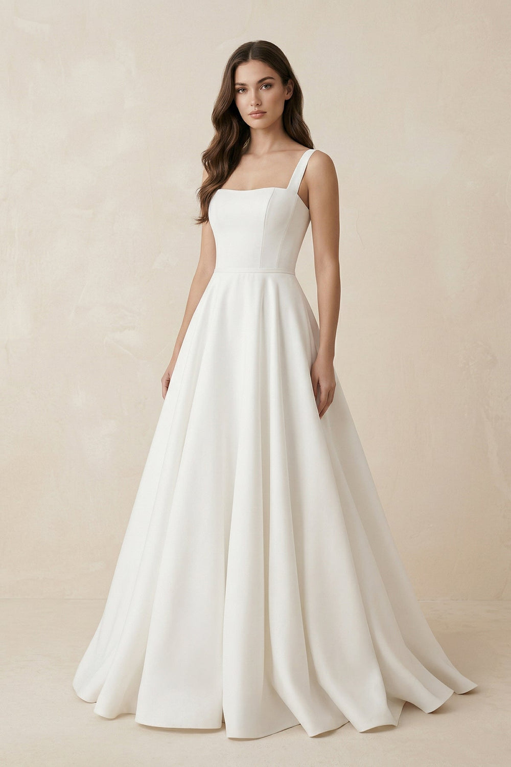 A - Line Satin Square Neck Maxi Wedding Dress in White - KISS BRIDAL Wedding Dresses