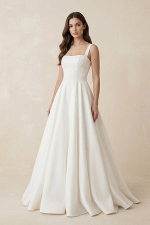 A - Line Satin Square Neck Maxi Wedding Dress in White - SHE IS ME Wedding Dresses