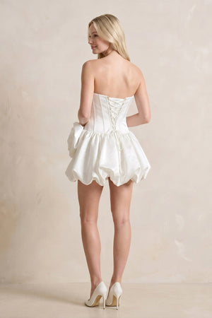 A - Line Satin Strapless Mini Ruched Wedding Dress in White - SHE IS ME Wedding Dresses