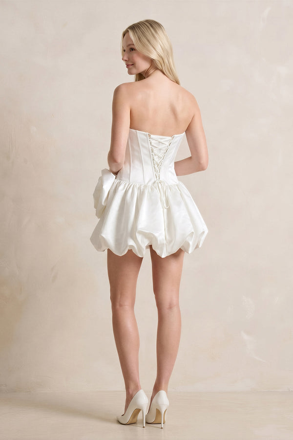 A - Line Satin Strapless Mini Ruched Wedding Dress in White - SHE IS ME Wedding Dresses
