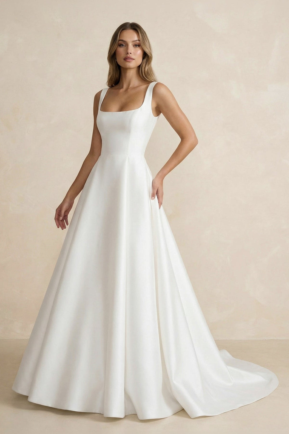 A Line Satin Sweep Train Wedding Dress in Diamond White