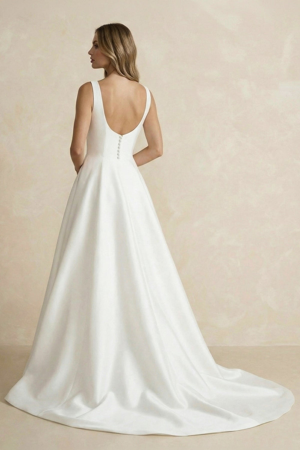 A Line Satin Sweep Train Wedding Dress in Diamond White