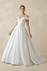 A - Line Satin Sweep Train White Wedding Dress - KISS BRIDAL Wedding Dresses