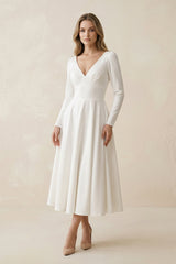A - Line Satin V - Neck Long Sleeve Wedding Dress in White - KISS BRIDAL Wedding Dresses