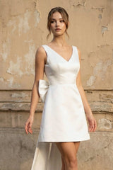 A Line Satin V Neck Wedding Dress With Bow in White - KISS BRIDAL Wedding Dresses