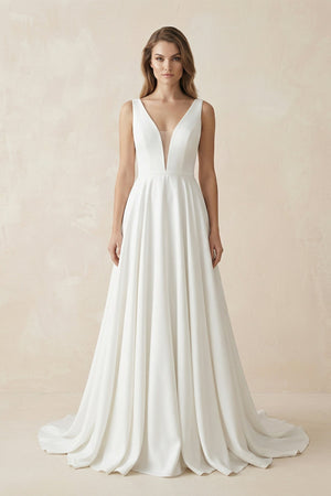 A - Line Satin V - Neck Wedding Dress With Illusion Corset - SHE IS ME Wedding Dresses