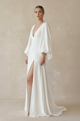 A - Line Satin Wedding Dress with Slit in White - KISS BRIDAL Wedding Dresses