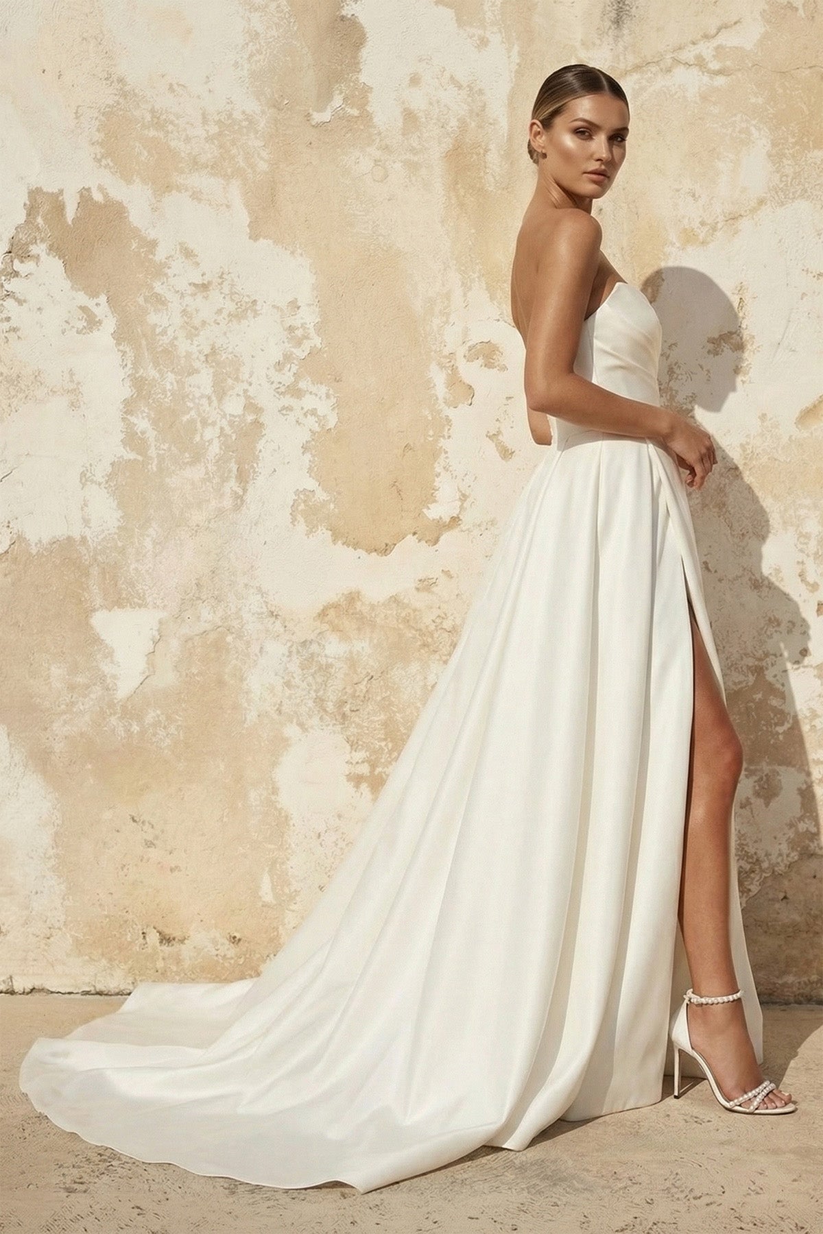 Sheisme | Strapless A-Line Satin Wedding Dress With Slit