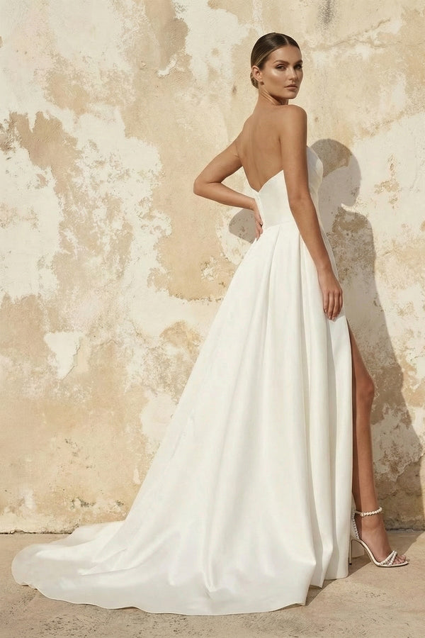 Sheisme | Strapless A-Line Satin Wedding Dress With Slit