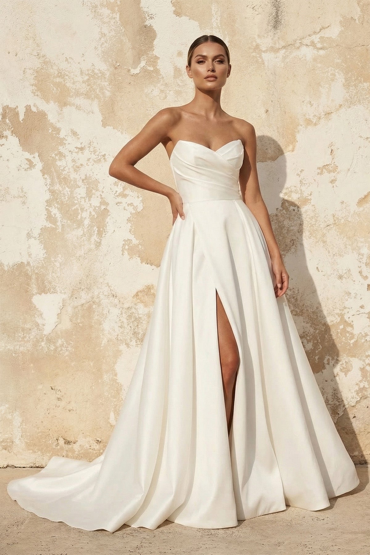 Sheisme | Strapless A-Line Satin Wedding Dress With Slit