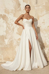 A Line Satin Wedding Dress With Slit in White - KISS BRIDAL Wedding Dresses