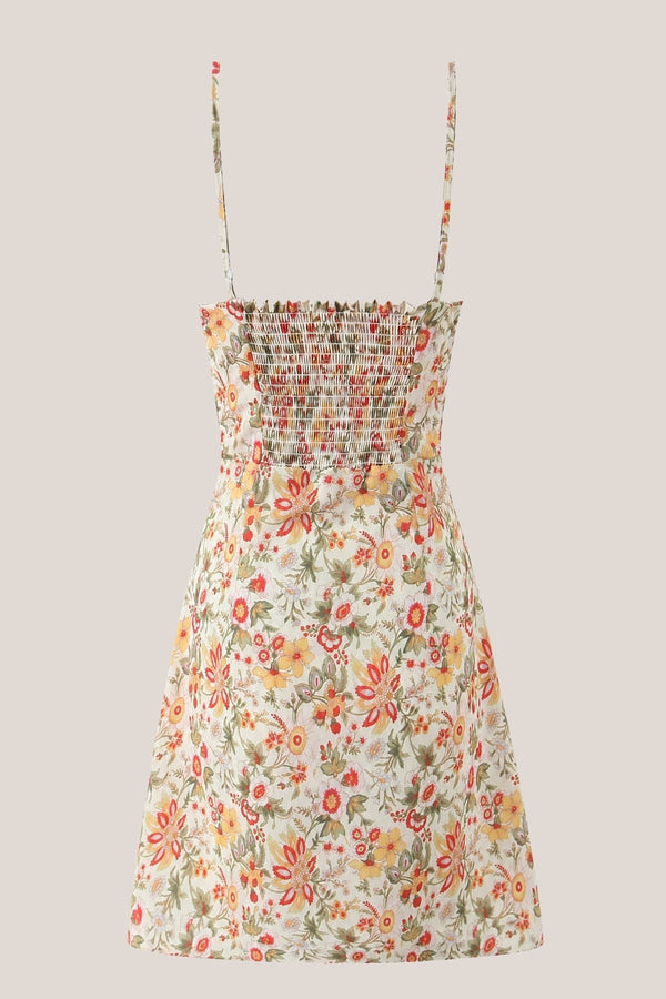 A - Line Scoop Neck Warm Rose Printed Cotton Mini Dress - SHE IS ME Dresses