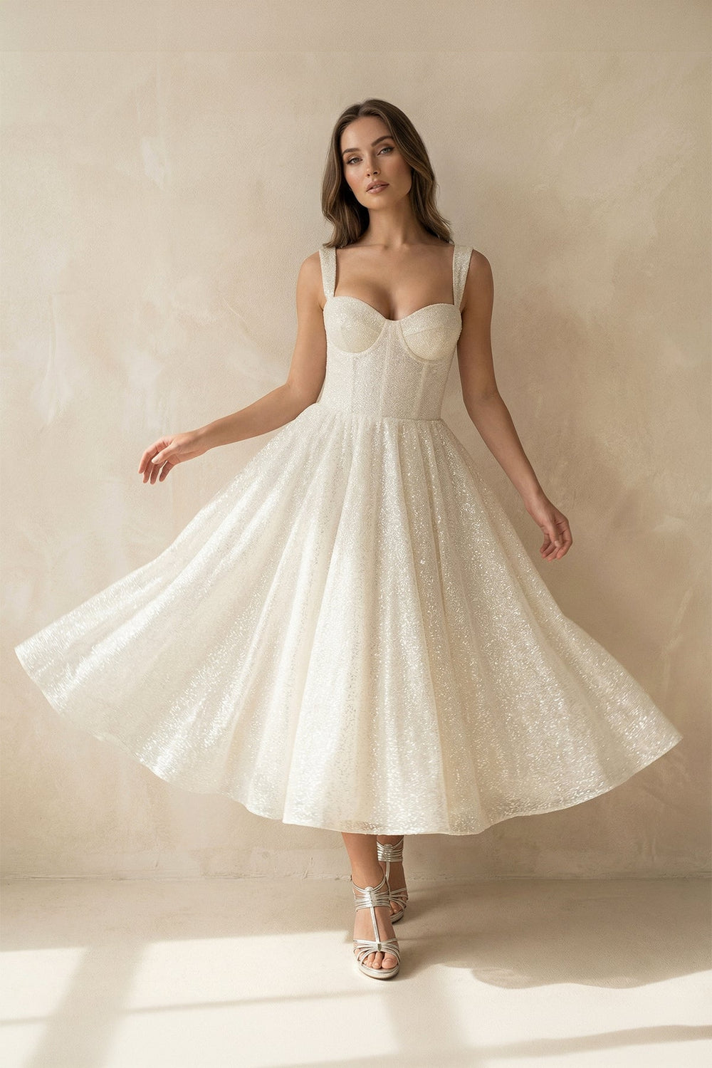 A Line Sequined Tea Length Wedding Dress in Ivory - SHE IS ME Wedding Dresses