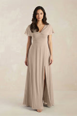 A - Line Short Sleeve Chiffon V - Neck Bridesmaid Dress in Almond - KISS BRIDAL Bridesmaid Dresses