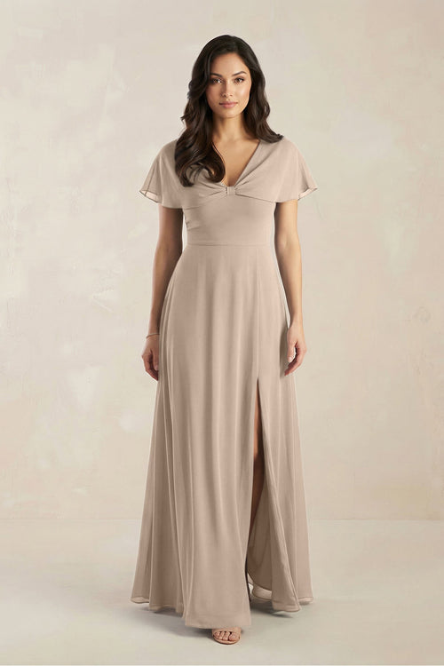 A - Line Short Sleeve Chiffon V - Neck Bridesmaid Dress in Almond - SHE IS ME Bridesmaid Dresses