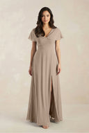 A-Line Short Sleeve Chiffon V-Neck Bridesmaid Dress in Almond | KISSBRIDAL