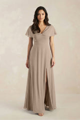 A-Line Short Sleeve Chiffon V-Neck Bridesmaid Dress in Almond | KISSBRIDAL