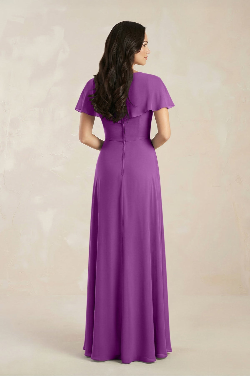 A - Line Short Sleeve Chiffon V - Neck Bridesmaid Dress in Amethyst - KISS BRIDAL Bridesmaid Dresses