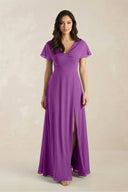 A - Line Short Sleeve Chiffon V - Neck Bridesmaid Dress in Amethyst - SHE IS ME Bridesmaid Dresses