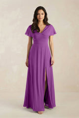 A - Line Short Sleeve Chiffon V - Neck Bridesmaid Dress in Amethyst - KISS BRIDAL Bridesmaid Dresses