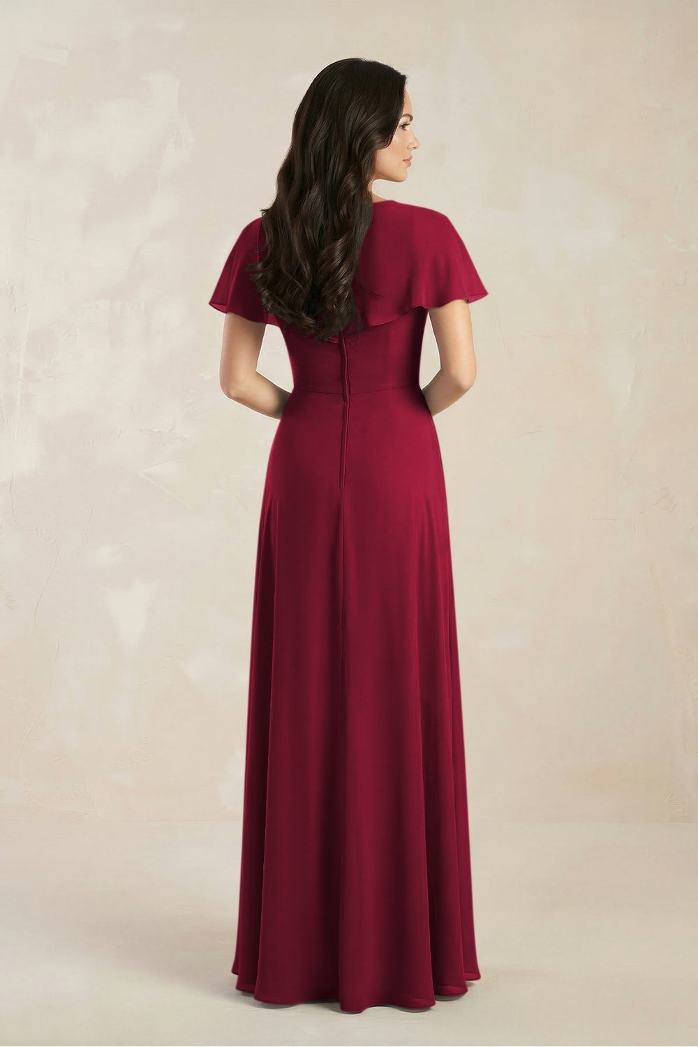 A - Line Short Sleeve Chiffon V - Neck Bridesmaid Dress in Berry - KISS BRIDAL Bridesmaid Dresses