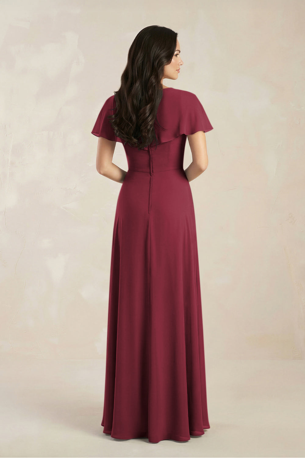 A-Line Short Sleeve Chiffon V-Neck Bridesmaid Dress in Berry
