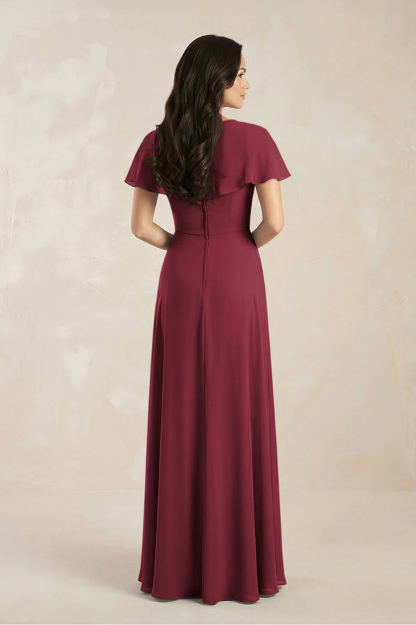 A-Line Short Sleeve Chiffon V-Neck Bridesmaid Dress in Berry (2) | KISSBRIDAL