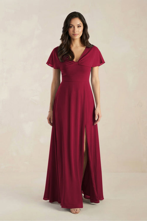 A - Line Short Sleeve Chiffon V - Neck Bridesmaid Dress in Berry - SHE IS ME Bridesmaid Dresses