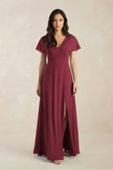 A-Line Short Sleeve Chiffon V-Neck Bridesmaid Dress in Berry | KISSBRIDAL