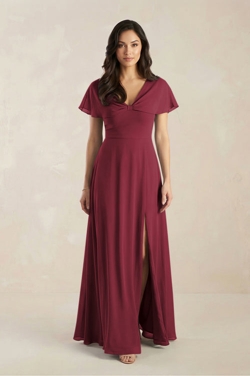 A-Line Short Sleeve Chiffon V-Neck Bridesmaid Dress in Berry | KISSBRIDAL