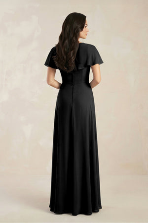 A - Line Short Sleeve Chiffon V - Neck Bridesmaid Dress in Black - SHE IS ME Bridesmaid Dresses