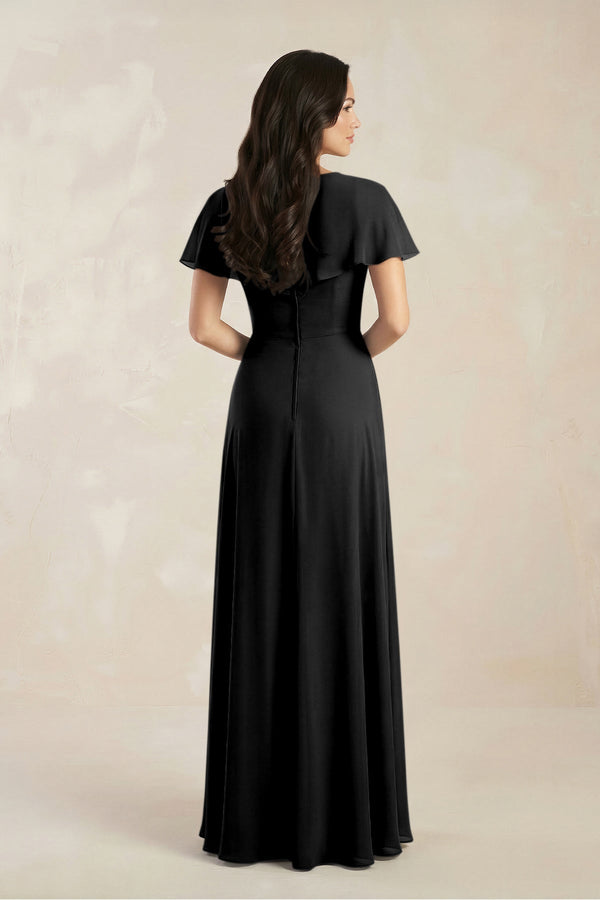 A - Line Short Sleeve Chiffon V - Neck Bridesmaid Dress in Black - SHE IS ME Bridesmaid Dresses