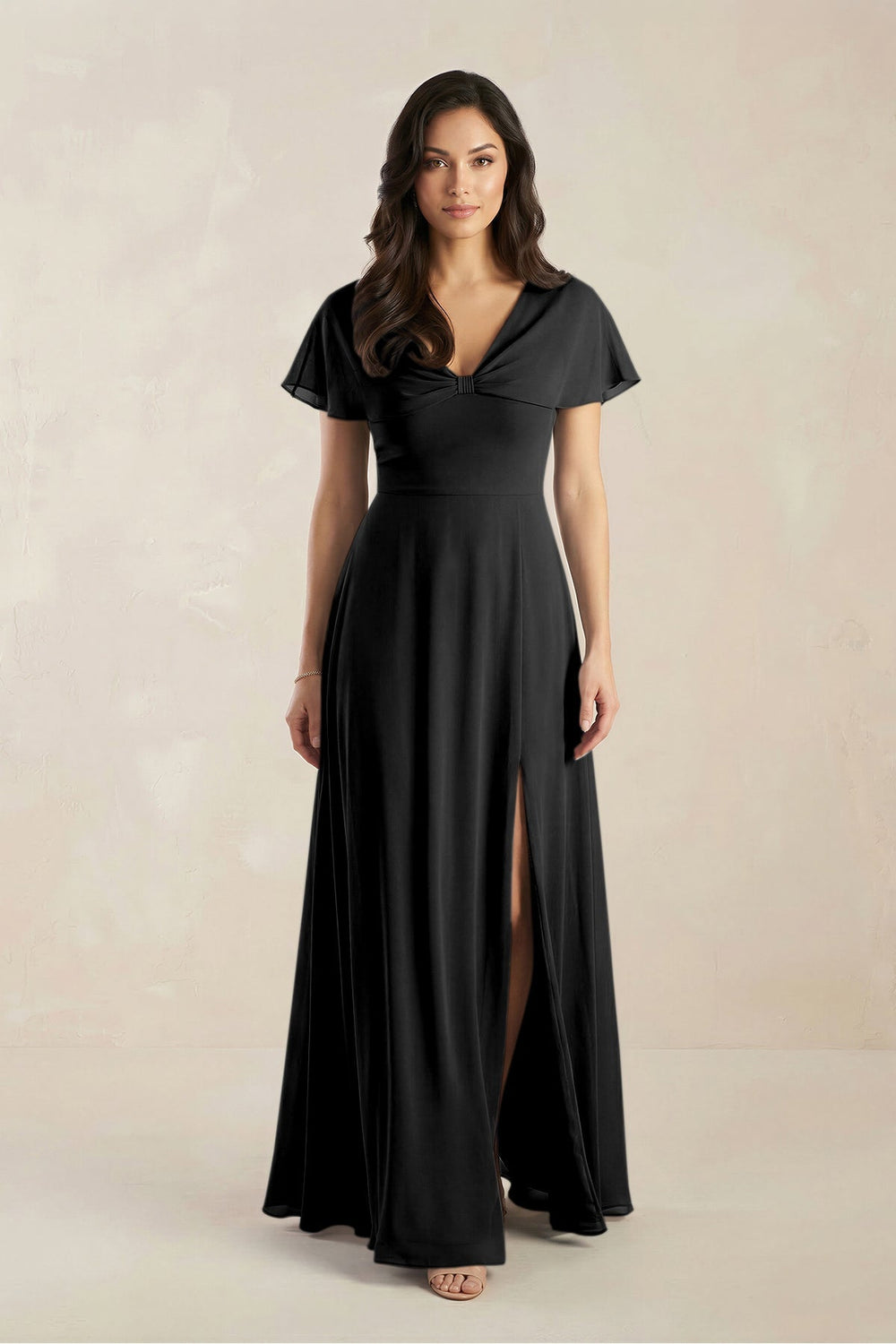 A - Line Short Sleeve Chiffon V - Neck Bridesmaid Dress in Black - KISS BRIDAL Bridesmaid Dresses