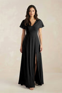 A - Line Short Sleeve Chiffon V - Neck Bridesmaid Dress in Black - SHE IS ME Bridesmaid Dresses